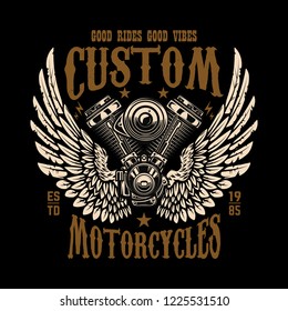 Emblem template with winged motorcycle motor. Design element for poster, logo, label, sign, t shirt. Vector illustration