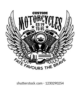 Emblem template with winged motorcycle motor. Design element for poster, logo, label, sign, t shirt. Vector illustration
