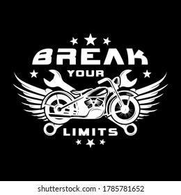 Emblem template with winged motorcycle motor. Design element for poster, logo, label, sign, t shirt. Custom motorcycle typography, t-shirt graphics, vectors.