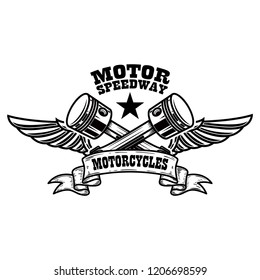 Emblem template with winged pistons. Design element for logo, label, sign, poster, t shirt. Vector illustration