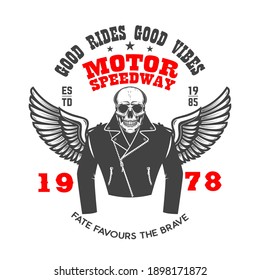 Emblem template with winged racer skeleton. Design element for logo, label, sign, emblem, poster. Vector illustration