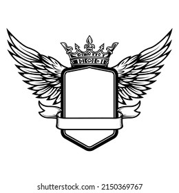 Emblema plantilla con alas y corona. Elemento de diseño para logotipo, etiqueta, signo, emblema. Ilustración del vector