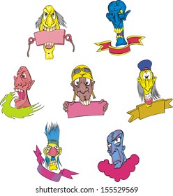Emblem templates with ribbons and heads, Set of color vector illustrations.