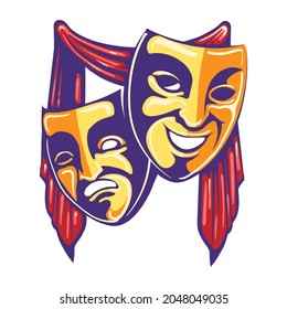 Emblem of Theater Masks Retro Emblem. Drama and Comedy Mask and curtain. Vector illustration.