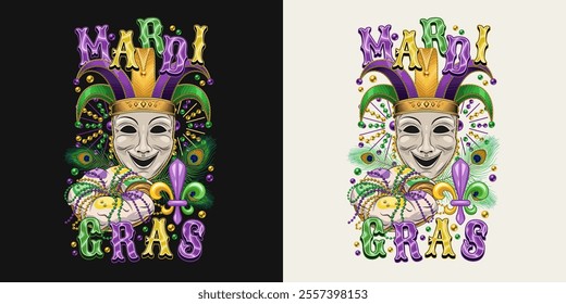 Emblem with theatrical comedy face mask in jester harlequin hat., traditional festival Mardi Gras food, beer and king cake, text. Peacock feathers, bead behind. T shirt graphics