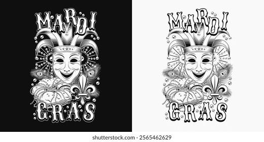 Emblem with theatrical comedy face mask in jester harlequin hat., traditional festival Mardi Gras food, beer and king cake, text. Peacock feathers, bead behind. T shirt graphics