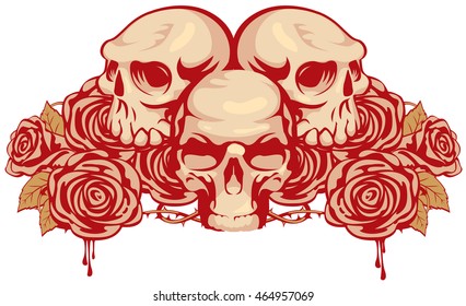 emblem with three human skulls and rose