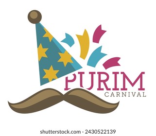 Emblem of traditional Jewish holiday. Purim carnival. Judaism festival banner with cone shaped cap decorated with hexagonal stars and mustache. Celebration and religion event. Vector in flat style