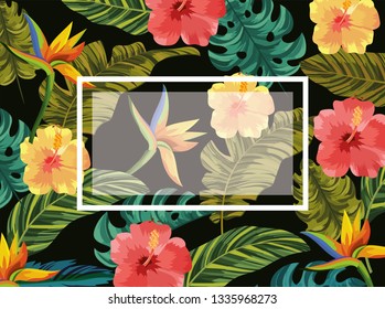 emblem with tropical flowers and leaves background