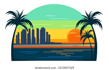 Emblema de vacaciones tropicales y viajes. Palmeras y bahía de mar con una ciudad moderna en el horizonte contra el cielo atardecer. Ilustración vectorial plana aislada en fondo blanco.