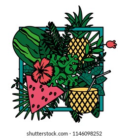 emblem with tropical watermelon and pineapple fruits
