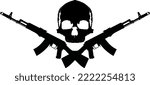 Emblem Two crossed AK 74 assault rifles and a black skull on a white background