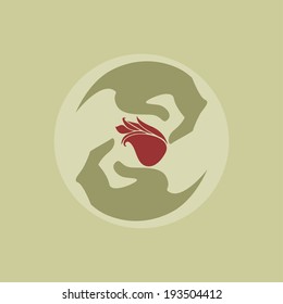 Emblem of two hands protecting an abstract shape rose