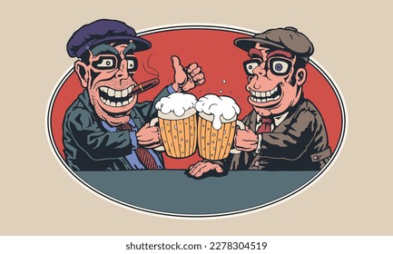 Emblem with a two joyful men at the bar are raising mugs of beer. Vector Illustration.