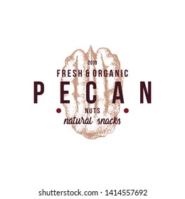 Emblem with type design and hand drawn pecan nut. Vector illustration in retro style