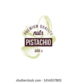 Emblema con diseño de tipo y tuercas de pistacho dibujadas a mano. Ilustración del vector