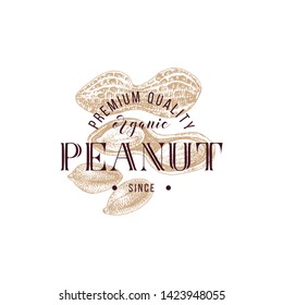 Emblem with type design and hand drawn peanuts. Vector illustration