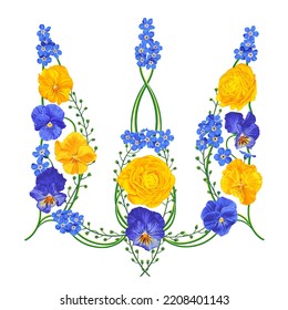 Emblem of Ukraine. Floral Ukrainian trident. Stay with Ukraine concept. Support for Ukraine. Vector illustration. Realistic flowers in colors of Ukrainian flag laid out in shape of trident.