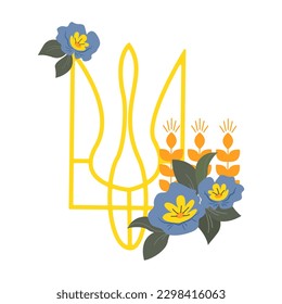 Emblem of Ukraine on the background  decorated with flowers on white background, Vector illustration.