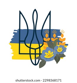 Emblem of Ukraine on the background of yellow and blue flag decorated with flowers on white background, Vector illustration.