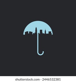 Emblem of an umbrella protecting a city. Monochrome illustration.
