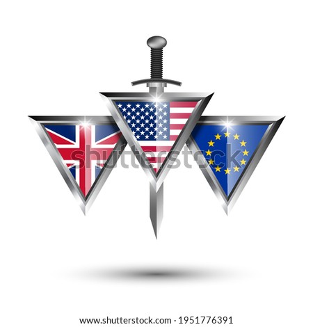 The emblem of the union for the protection of peace. Triangular metal flags of the USA, UK, EU. Hand weapons. Sword blade down. White background, shadow and glare