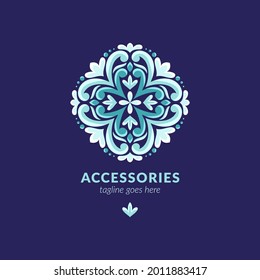 Emblem with vector ornament on a blue background. Elegant, classic elements. Can be used for jewelry, beauty and fashion industry. Great for logo, monogram or any desired idea.