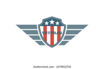 Emblem of a veteran of the USA. Color illustration of shield wings and flag with text