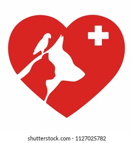 emblem of veterinary clinic with dog cat and bird in heart on white background