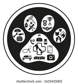emblem veterinary set in the form of a dog paw on a white background