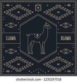 Emblem, vintage logo, label or badge with a silhouette of llama and native ornaments in the style of linear design.