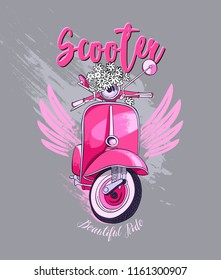 Emblem of a vintage pink scooter with slogan on a gray background. Poster, card, t-shirt composition, hand drawn style print. Vector illustration.