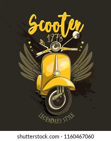 Emblema de una scooter amarilla vintage con eslogan sobre un fondo oscuro. Cartel, tarjeta, composición en pantalones, impresión a mano. Ilustración vectorial.