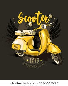 Emblem of a vintage yellow scooter with slogan on a dark background. Poster, card, t-shirt composition, hand drawn style print. Vector illustration.