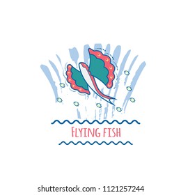 Emblem of a volatile fish and small fish around. On white background, with a grunge texture, a brush stroke. Inscription with waves, icon. Isolated, vector illustration.