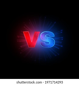 Emblem vs. Versus red and blue letters with lightning on black background, competitions symbol, confrontation and conflict, music or sport battles. Vector isolated illustration