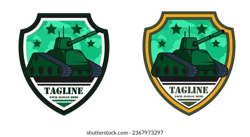 Emblem of war tank forces officer. Combat army track tank with green coloring and long barrel against background of shield shaped chevron. Cartoon vector isolated on white background