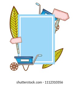 emblem with watering can and handcart decoration vector illustration