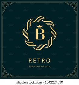 Emblem Of The Weaving Circle. Letter B. Monogram Graceful Template. Simple Logo Design For Luxury Crest, Royalty, Business Card, Boutique, Hotel, Heraldic. Calligraphic Vintage Border. Vector 