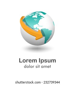 Emblem with white globe and orange arrow isolated on white background