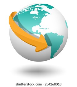 Emblem with white globe and orange arrow isolated on white background