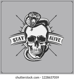 Emblem whith skull and snake. Print design for t-shirts.