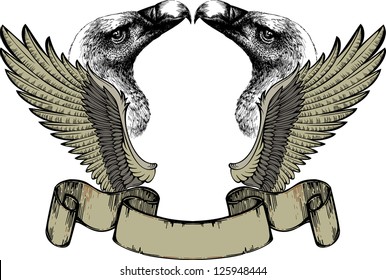 Emblem with wings and griffin, hand drawing. Vector illustration.