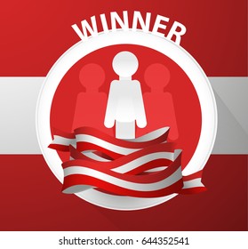 Emblem winner in competitions, 1 place, people paper on a red background.