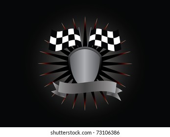 The emblem of the winner, shield, flag, banner, lettering on a black background.