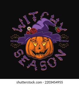 Emblem with witch pumpkin like a female face, purple hat with roses, eyeball on stick, text Witchy Season, silhouette of bat. Holiday illustration on dark background. Vintage style.