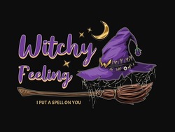 Emblem With Witch Purple Hat With Cobwebby Veil, Old Fashioned Broom, Gold Crescent, Stars, Text Witchy Feeling, I Put A Spell On You. Symbols Of Witchcraft. Vintage Style.