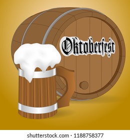 Emblem with wooden mug, wooden barrel and the text Beer festival Oktoberfest. Vector illustration