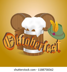 Emblem with wooden mug, wooden barrels, Bavarian hat and the text Beer festival Oktoberfest. Vector illustration