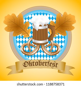 Emblem with wooden mug, oak leafs, two brezel, vintage ribbon and the text Beer festival Oktoberfest. Vector illustration